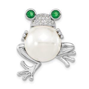 925 Sterling Silver Frog Pin / Pendant w White & Green CZ and Acrylic Pearl Bead